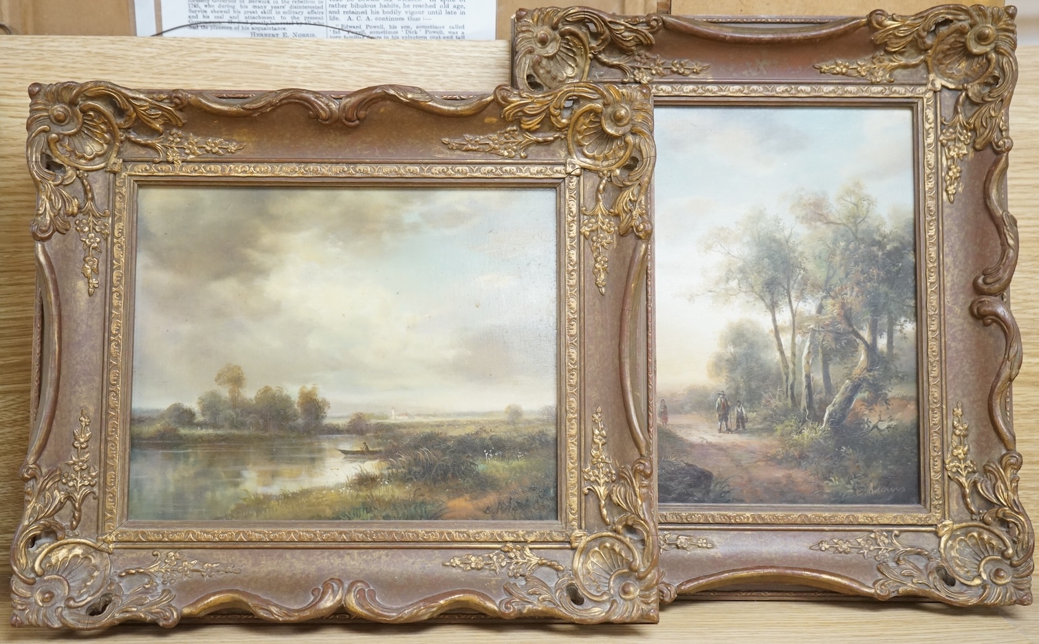 E. Adams (19th. C), Riverscape and pathway, signed, pair of oils on board, 19 x 24cm, ornate frame